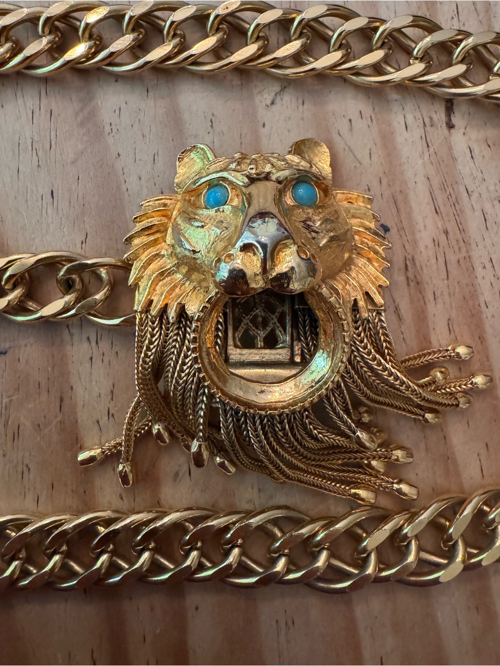 Pauline Rader Gold Lion Head with Turquoise Eyes Vintage Chain Belt signed